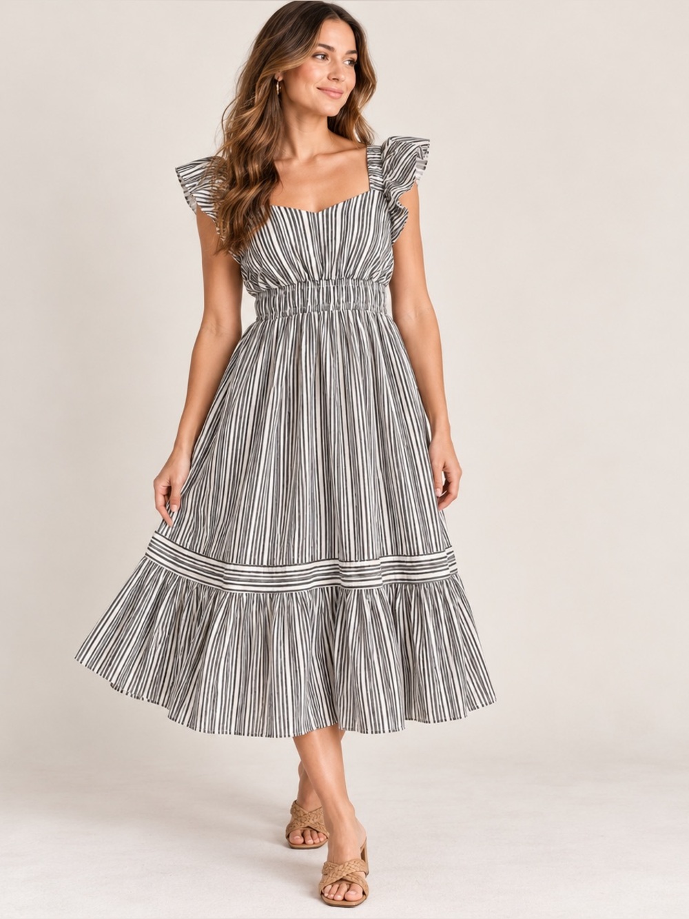 NWT Maggy London Striped Ruffle Sleeve Midi Dress S Preppy Coastal